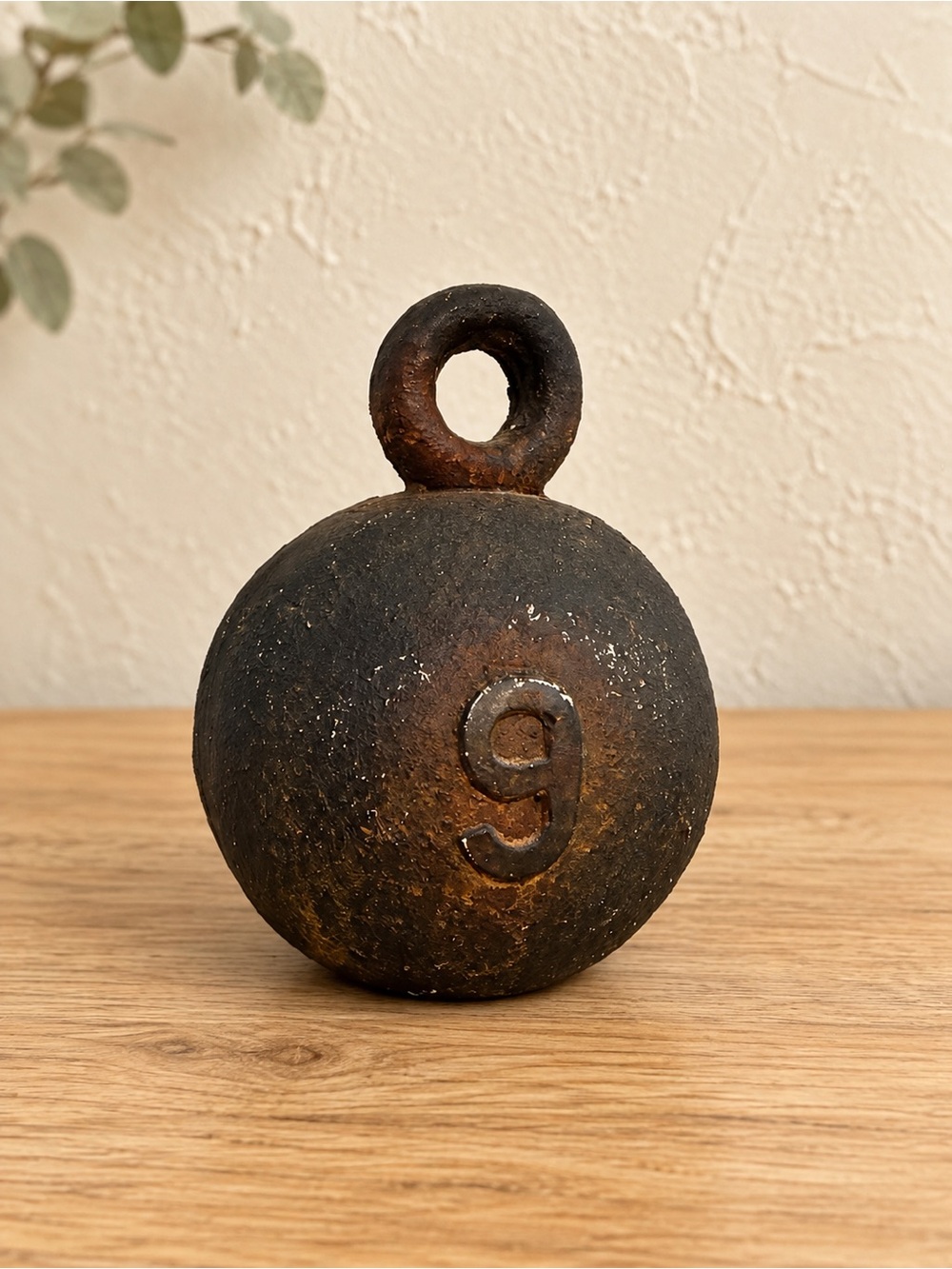 Vintage-Style Iron Weight Ball Sculpture in Black and Brown